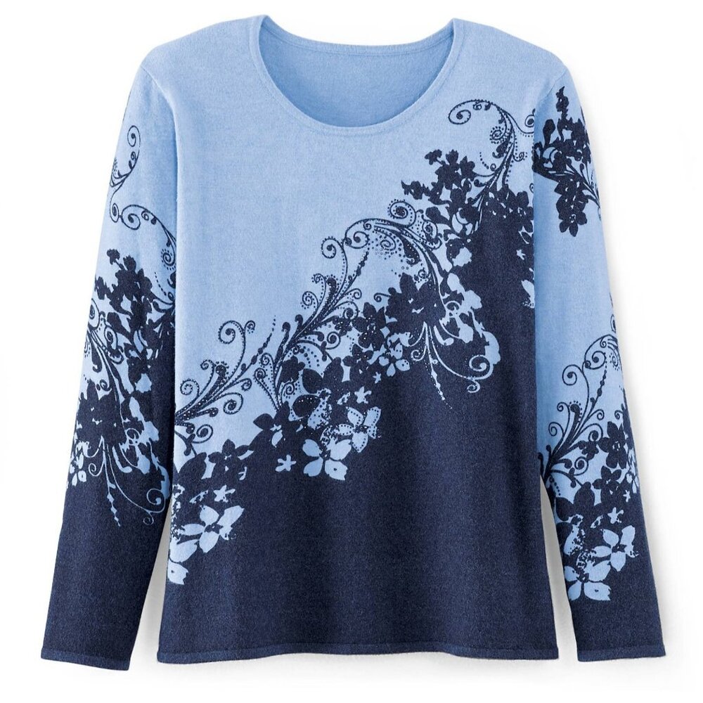 Potpourri PLUS Size 3X Floral Swirl Blue Sweater Long Sleeve Pullover Travel